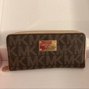 Michael Kors Signature Brown and Gold Zip Wallet